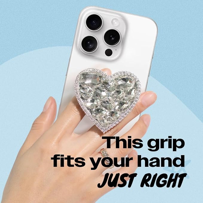 OnTheGrip Cute Cubic Diamond Heart Shape Design Collapsible Expandible Mobile Phone Grip Stand Holder for Smartphone Tablet Cell Phone Accessory (Silver Small)