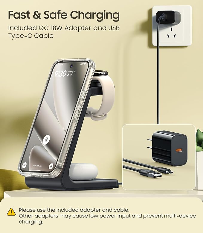 3 in 1 Magnetic Wireless Charger for Google Watch Charger Stand for Pixel Watch 3/2 Charger Stand Design for MagSafe for Pixel 10 Pro Fold/XL/10/9/8/7/6 Pro &amp Buds with Adapter(Not for Watch 4/1