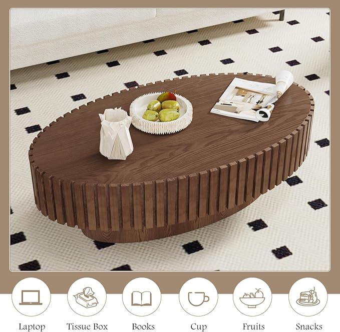 Fluted Coffee Table 43.3" Oval Wood Coffee Tables Modern Handcraft Drum Coffee Table with Solid Wood Relief Sturdy Pedestal Accent Table for Living Room Home Office (Dark Brown)