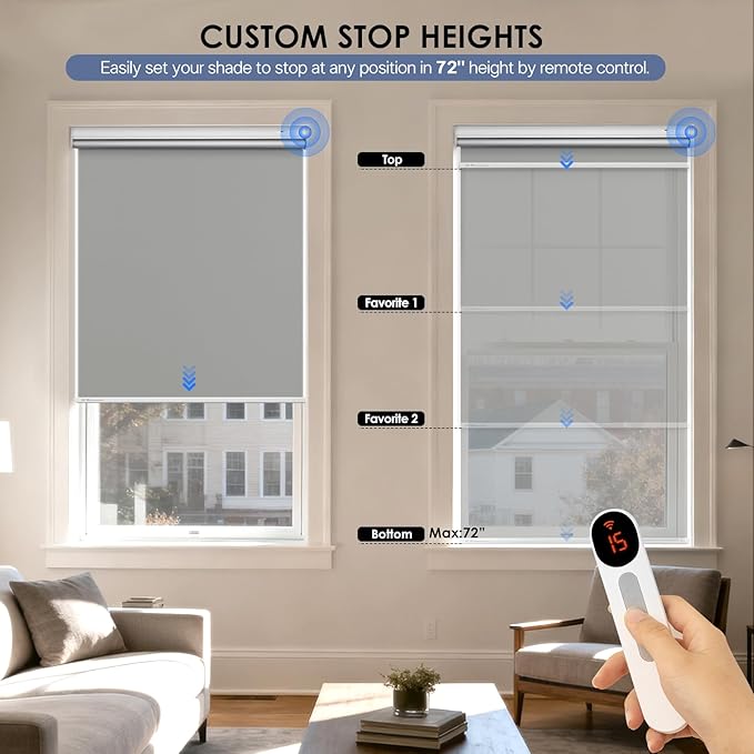 Motorized Roller Blinds with Remote Control & Solar Panel - 100% Blackout Smart Blinds, Automatic, Cordless, Electric Shades - Compatible with Alexa - Grey, 34¾" W x 72" H