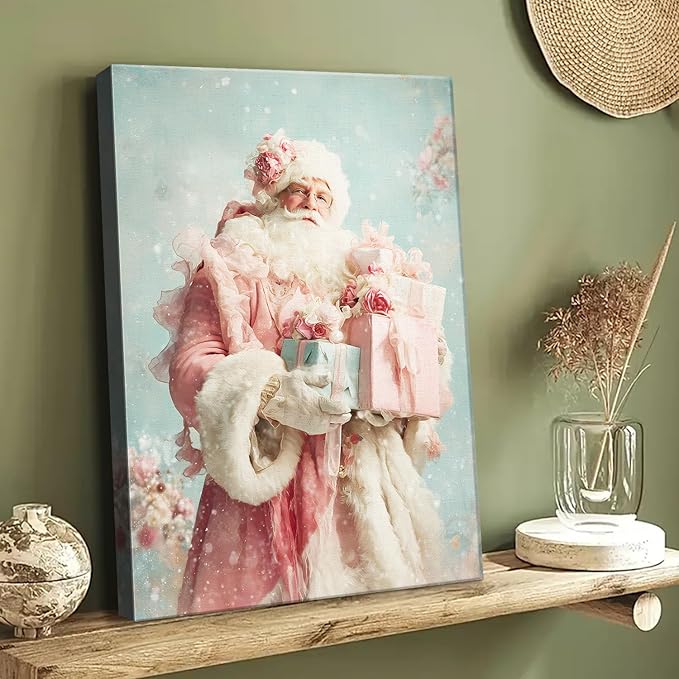 Pink Santa Christmas Canvas Wall Art - Elegant Winter Decor Framed Print for Girls Bedroom, Vintage Christmas Wall Art with Glitter Accents, Ready-to-Hang Christmas Gifts for Women