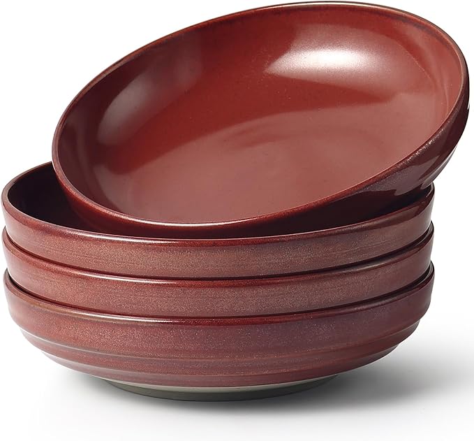 HAPPY KIT 9'' Pasta Bowls, 42oz Pasta Bowls Set of 4, Large Salad Bowl, Ceramic Serving Bowls,Double Reactive Glaze, Ideal for Housewarming, Festivals, Microwave Safe (Dark Ruby)