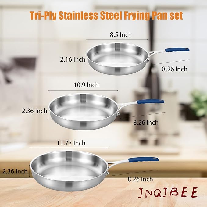 Inqibee 8.5-10-12 Inch Stainless Steel Pans Set with Lid, Detachable Handle