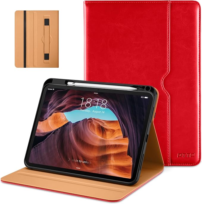 DTTO for iPad (A16) 11th Generation 11-inch &amp 10th Gen Case Brown | Premium Leather Business Cover with Pencil Holder Hand Strap &amp Pocket Corner Protection Auto Sleep/Wake for Work &amp