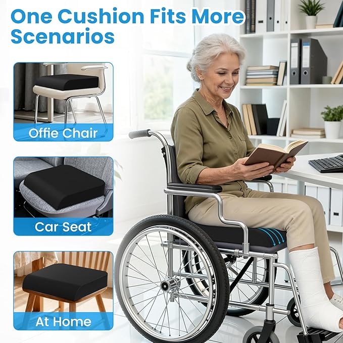 Wheelchair Seat Cushion - Cooling Gel & Memory Foam Office Chair Cushion with Non-Slip Bottom & Washable Cover, Ergonomic Car Seat Pillow for Sciatica, Tailbone, Back Comfort (Black)