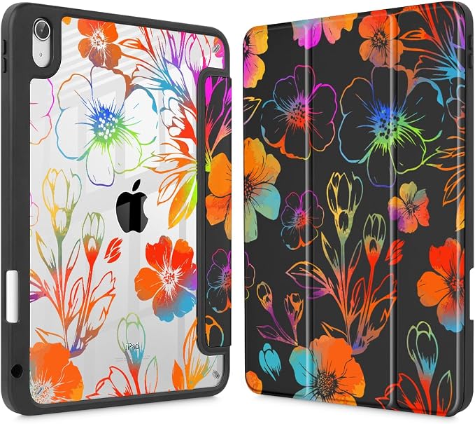 Tuiklol Case for iPad Air 11 Inch M4 2026 / Air 11 Inch M3 2025 / Air 11 Inch M2 2024 / iPad Air 10.9 Inch 2022 2020 Buit in Pencil Holder with Shockproof Cover Clear Transparent Back Black Flower