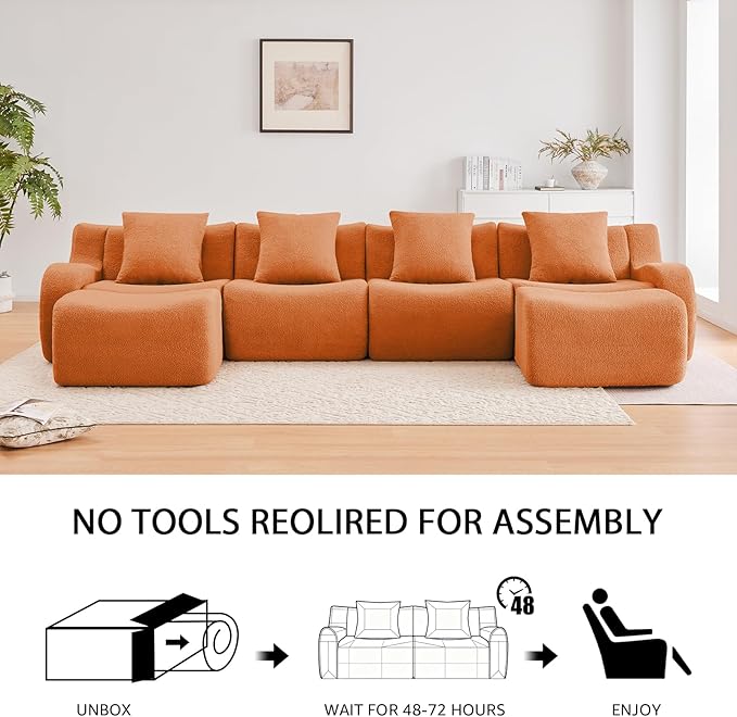 Orange L-Shaped Cloud Couch with 1 Ottoman, Modern Teddy Fabric Boneless Sectional Sofa in a Box, Modular Floor Sofa for Living Room, Deep Seat, No Assembly Required, Sofas para Sala