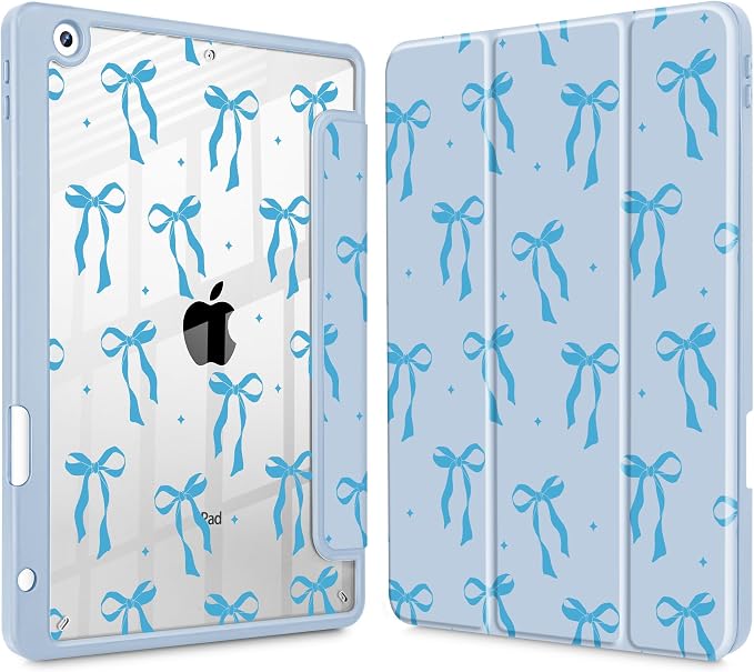 Case for iPad 9th/8th/7th Generation 10.2-Inch (2021/2020/2019 Release) with [Built-in Pencil Holder] Shockproof Cover with Clear Transparent Back Shell &amp Auto Wake/Sleep - Blue Bows