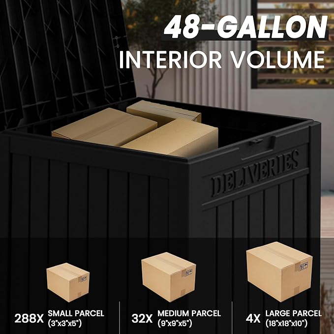 55 Gallon Plus Lockable Resin Deck Box, Waterproof Outdoor Storage Box for Patio Furniture, Garden Tools, Pool Accessories, UV-Resistant Outside Delivery, Black