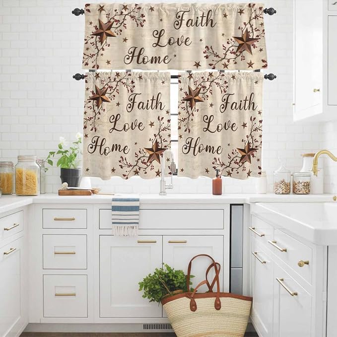 Kitchen Curtains Tiers and Valance Set of 3, Retro Country Stars Rustic
