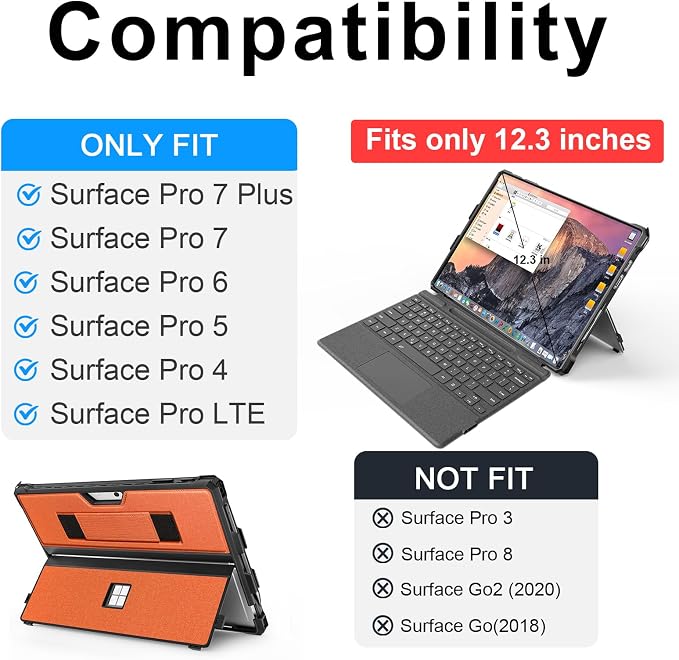 Case for 12.3 Microsoft Surface Pro 7+/7/6/5/4 Protective Rugged Cover Case with Surface Pen Holder and Hand Strap Compatible with Surface Pro Type Cover Keyboard (Black)
