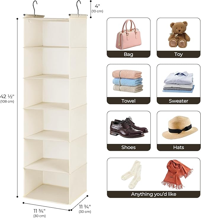 GRANNY SAYS 6 Shelf Hanging Closet Organizers and Storage, Collapsible Closet Hanging Organizer with 2 Sturdy Hooks, Large Hanging Shelves for Closet, College Dorm, Locker, Beige
