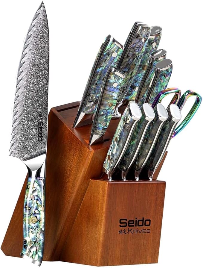 Seido Awabi 13-Piece VG-10 Damascus Knife Block Set, Abalone Handles