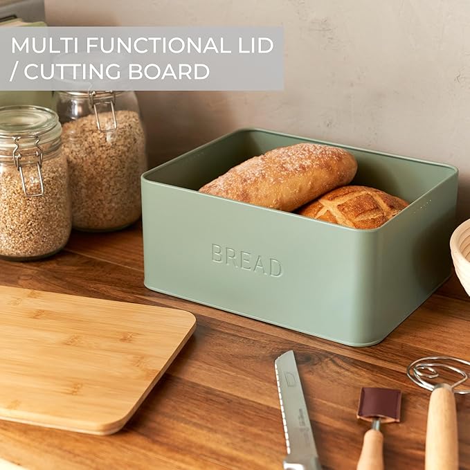 Beautiful Bread Box With Wooden Lid For Your Kitchen Countertop - Spacious Container Perfectly Stores Your Homemade Bread, English Muffins & Bagels - Quality Cutting Board Lid Keeps Bread Fresh