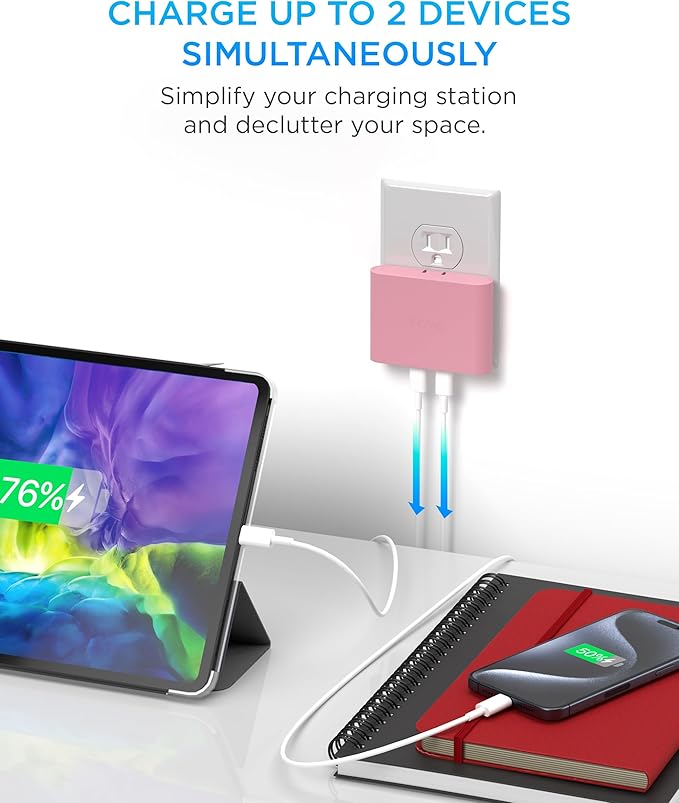 iHome Multiport 40W USB-C Charger, AC Pro 2-Port Flat Block, Dual Fast Charging Wall Adapter