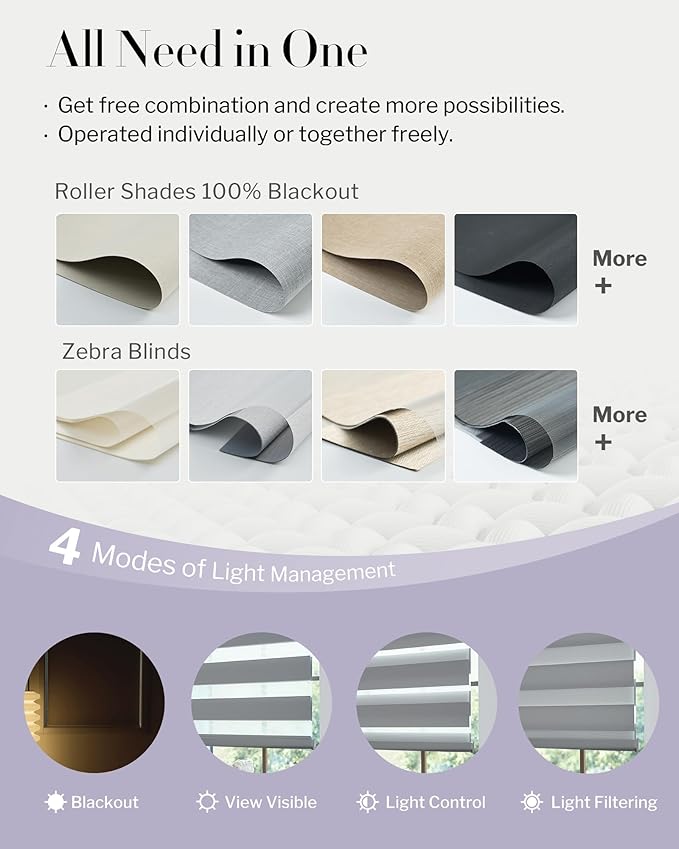 Graywind Smart Dual Shades Compatible with Alexa Google Homepod Motorized Double Zebra Blinds Matter Solar Powered, Custom Size (Custom Fabric)
