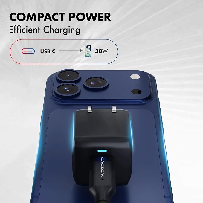 PD 30W Wozoyo GaN Charger Type-C Fast Charger Compatible for iPhone 17/16/16 Pro Max/15 Series/iPad Pro Smartphones &amp Tablets QC 3.0Compact Foldable Plug Design Smart Power Delivery