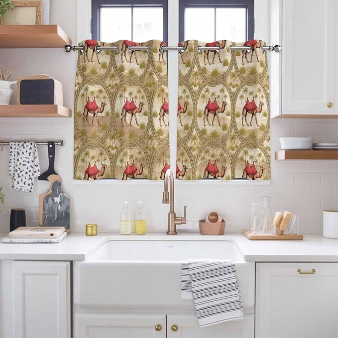 2 Panel Kitchen Cafe Curtains, Desert Camels Sunlight Filtering Nature Air