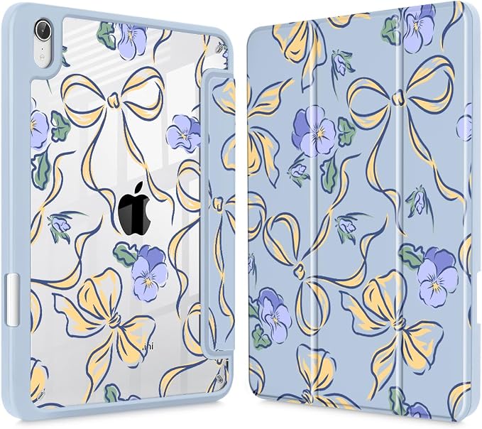 Case for iPad mini (A17 Pro 7th Generation) 2024/iPad Mini (6th Gen) 8.3 Inch with [Built-in Pencil Holder] Shockproof Cover with Clear Transparent Back Shell &amp Auto Wake/Sleep - Blue Bows