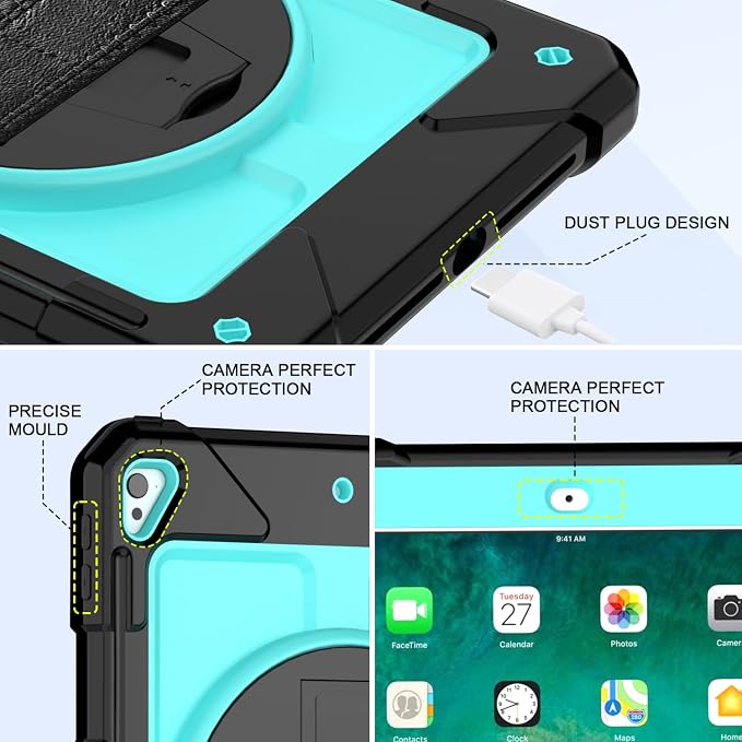 BMOUO Case for iPad 6th/5th Generation Case (9.7 inch 2018/2017) 360°Rotating Stand Hand/Shoulder Strap Shockproof iPad 9.7” Case for iPad Air 2 Black