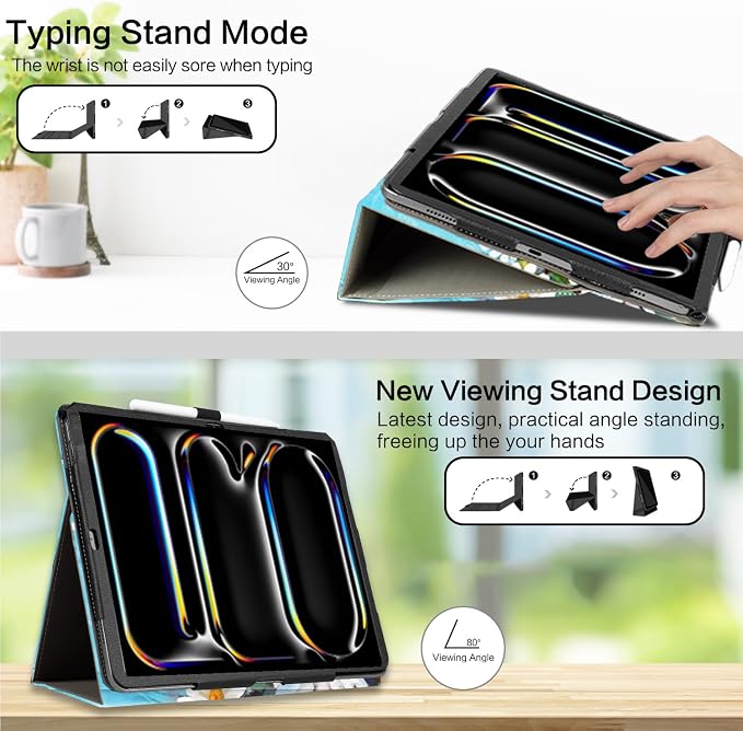 Vimorco for iPad Pro 11-inch Case M5/M4 2025/2024 for iPad Pro Case 11 Inch M5/M4 Pencil Holder/Hand Strap/Pocket/Screen Protection Band 3 Adjustable Angles Auto Sleep/Wake Beach Blue Ocean