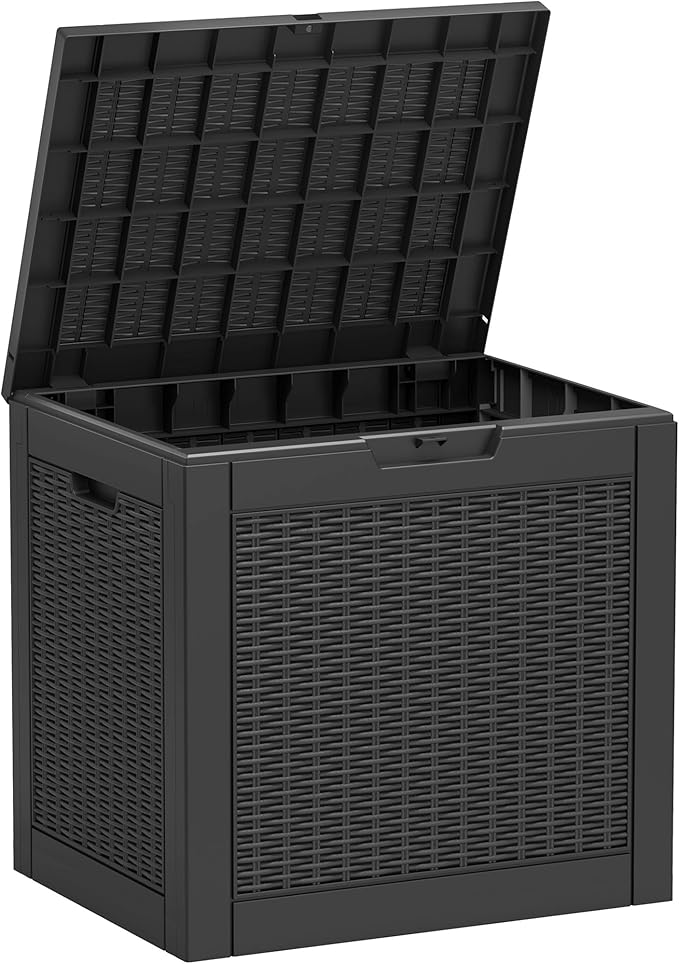 35 Gallon Outdoor Storage Box, Waterproof Resin Deck Box with Lockable Lid, Patio Furniture Side Table & Storage Bin for Package Delivery, Patio Cushions, Garden Tools, Pool Accessories, Black