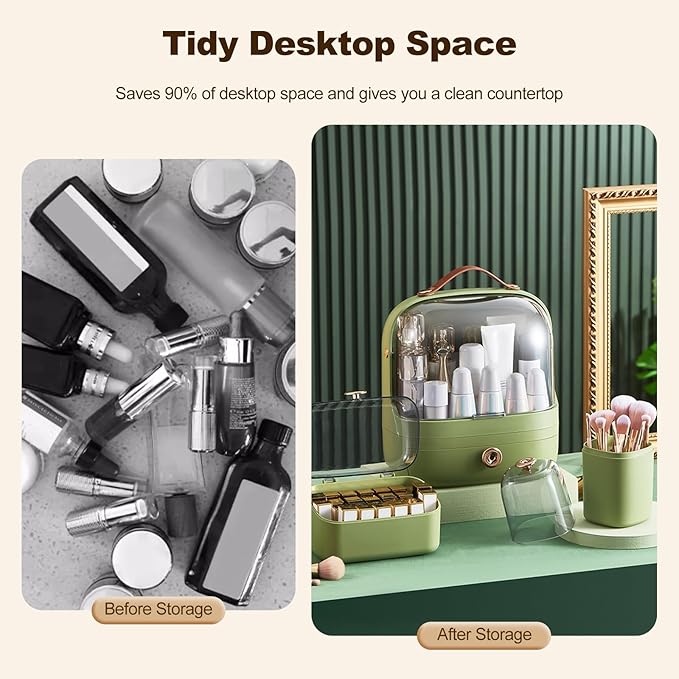 Ergocar Make Up Case Dustproof Cosmetics Skin Care Products Cosmetic Storage Box, Multi-Function Jewelry Organizer Case - Green + Drawer