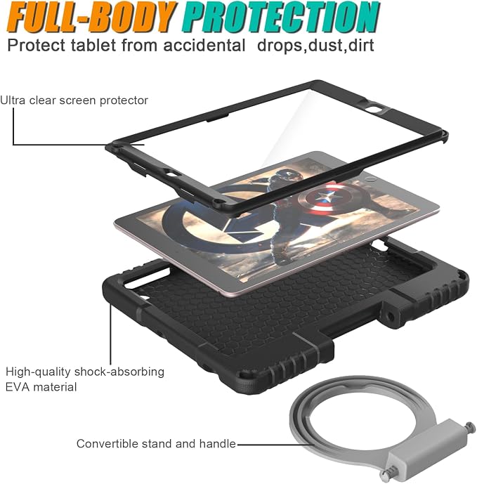Kids Case for iPad 5th/6th Generation 9.7-inch 2017/2018 Release Lainergie iPad Air 2 Case with Screen Protector iPad Pro 9.7 Protective Cover Case Lightweight Shockproof with Handle Stand Black