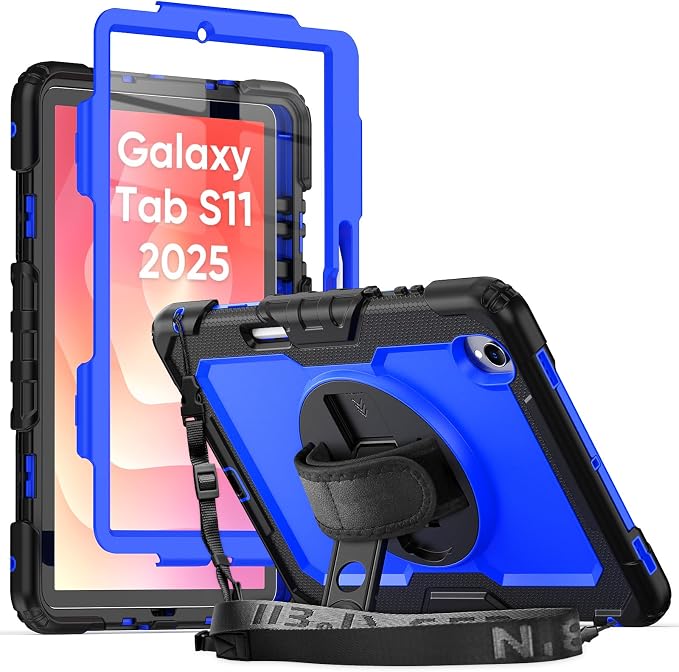 Case for Samsung Galaxy Tab S11 2025 | Three-layer Rugged Shockproof Case W/Screen Protector Shoulder Strap for Tab S11 11 inch (Model SM-X730/SM-X736B) Black