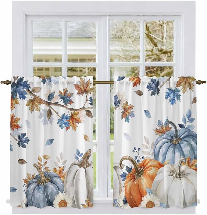 Navy Blue Pumpkin Fall Kitchen Curtains 54 Inch Long 2 Panel Set, Rod Pocket