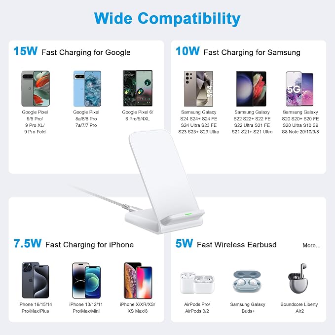 Wireless Charger Samsung Fast Charging Stand for Samsung Galaxy S26 Ultra S26+ S26 S25 S24 S23 S22 S21 S20 Ultra FE 15W Android Phone Wireless Charger Stand for Pixel 10a 10 9 Pro XL Fold 8a 7 Pro