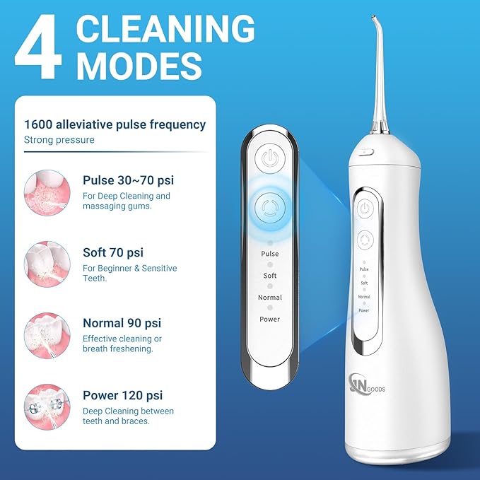 JNGOODS Cordless Water Dental Flosser Oral irrigator,JNGOODS 300ml Rechargeable Water flosser for Teeth IPX7 Waterproof 4 Modes Portable Oral Irrigator with 4 Jet Tips, Travel Home use (White)