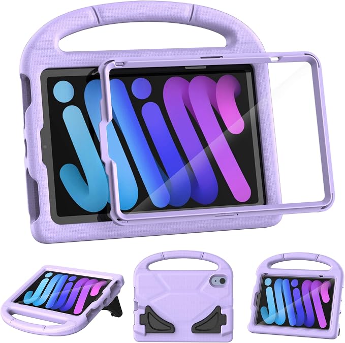 Kids Case for iPad mini 7 (A17 Pro) 2024/ Mini 6 2021 iPad mini 7th/6th Generation Case with Screen Protector - Shockproof with Handle Stand Protective Cover for iPad 8.3 Inch Lavender