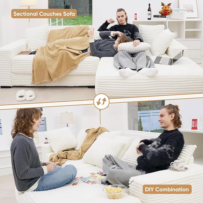 111'' Modern Sectional Cloud Sofa with Chaise, Extra Large Sleeper Couches Corduroy with 8pcs Pillows for Living Room, Bedroom