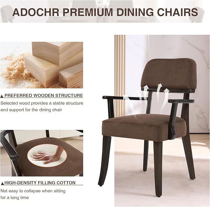 Modern Wood Dining Chairs with Arms, Velvet Upholstered Kitchen Chairs with Open Curved Backrest & Black Hardwood Legs, Accent Chairs 350 LBS Capacity, Brown