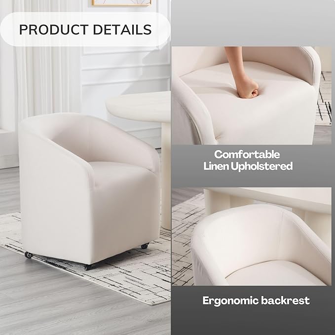 Modern White Upholstered Dining Chairs with Swivel Casters, Linen Barrel Back Accent Side Chair for Dining Room Living Room, Beige
