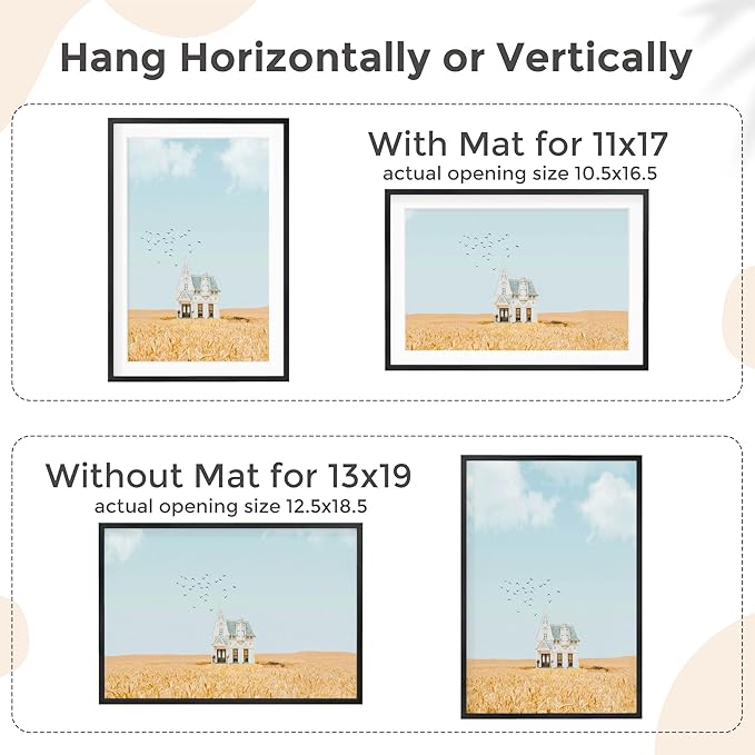 13x19 Metal Picture Frame for Wall With Mat for 11x17, 13''x19'' Aluminum Photo Frames With Tempered Glass for Home Decor, Minimalist Modern Poster Frame Horizontal And Vertical Formats, 3 PCs, Black