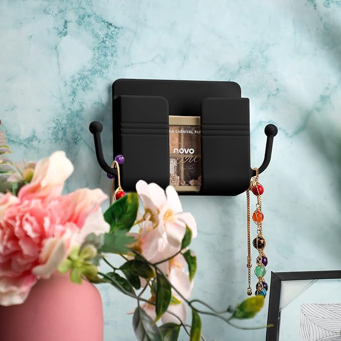 Jetec 6 Pcs Wall Mount Phone Holder Self-Adhesive Wall Beside Organizer Storage Box Plastic Charging Phone Stand Remote Brackets Holder for Bedroom (Black)