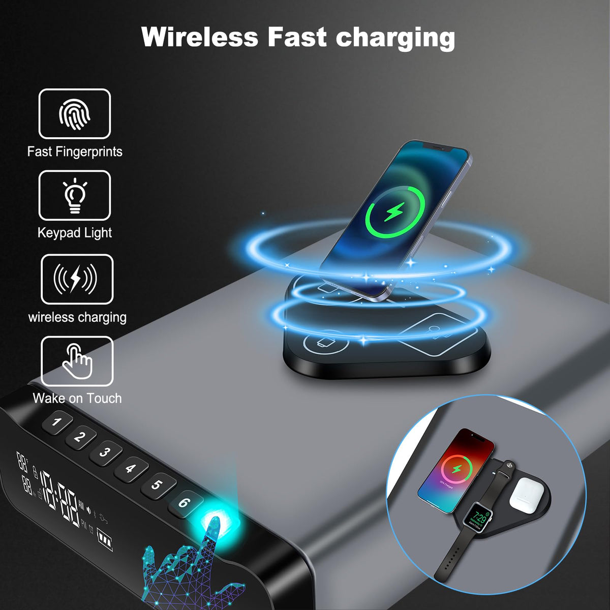 FTOP Biometric Fingerprint Gun Safe, Clock Handgun Safe with 3-in-1 Watch & Phone Wireless Charging, Drawer Lock for Hand Guns, Cash, Valuables- with Humidity Reader|Temperature| Alarm Clock| Screen