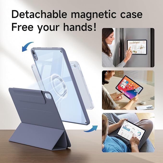 kenke Hybrid Case for iPad A16 11th Gen 11''/10th Gen 10.9'' Black | Detachable Magnetic Portrait/Landscape Stand Cover Magnetic Rotating Hard Clear PC Back Auto Wake/Sleep Support Touch ID