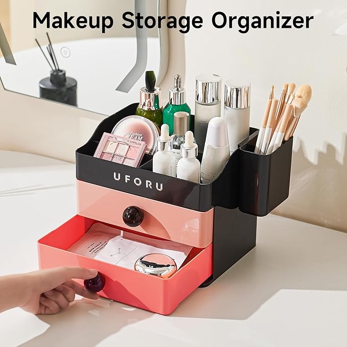 Makeup Organizer for Vanity with Brush Holder, Countertop Organizer with 2 Drawers, Spacious Cosmetic Display Case for Beauty Essential, Skincare, Lipstick