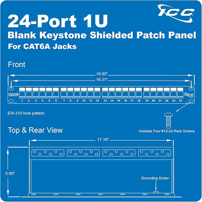 ICC 24-Port CAT6A Keystone Shielded 1U Patch Panel with CAT6A Shielded Keystone Jacks, 19” Rackmount Housing and Cable Support Bar, Protects Against EMI, UL Listed PoE++ Compliant, ICMPP246AS