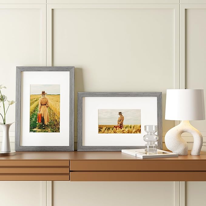 Egofine 8x12 Picture Frame Made of Solid Wood with Plexiglass, Display Pictures 5x7/6x8 with Mat or 8x12 Without Mat for Tabletop and Wall Mounting, Oak Grey