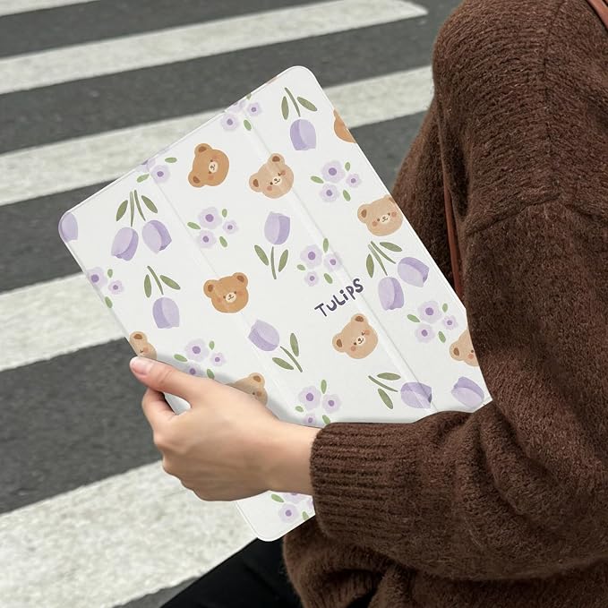 Lovmooful for iPad 9/8/7 Gen Case with Pencil Holder Cute-Bear Flower | Fit for iPad 9/8/7 (10.2-Inch2021/2020/2019 Model9th/8th/7th Generation)Soft TPUTrifold StandProtectiveGirly