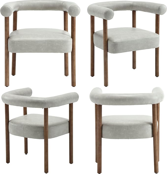 Mid-Century Modern Dining Chairs Set of 4, Armrest Barrel Dining Chairs Side Accent Chairs with Curved Back, Upholstered Wood Armchairs for Kitchen, PU Leather Grey