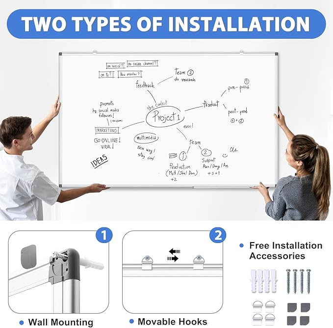 WALGLASS 2 Pack Large White Board, 60" x 40" Double-Sided Dry Erase Board Whiteboard for Wall, Hanging Mounted Whiteboard Silver Aluminium Frame for Home, School, Office