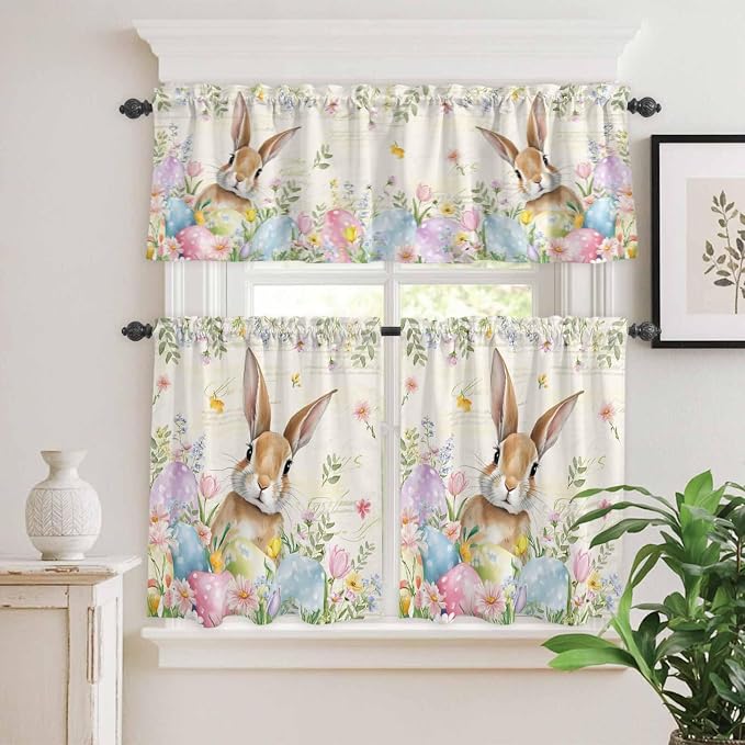 Kitchen Curtains Tiers and Valance Set of 3, Easter Light Filtering Window