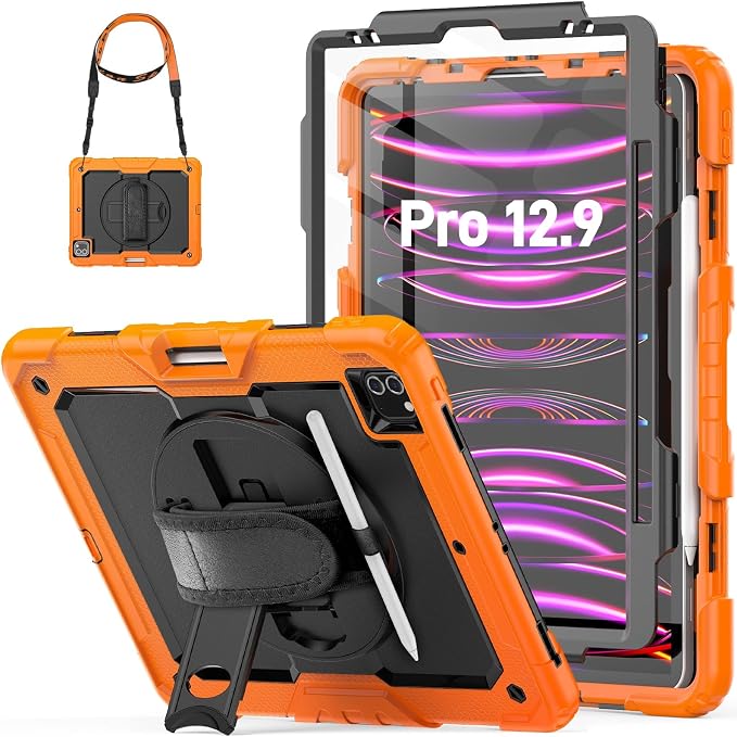HXCASEAC Case for iPad Pro 12.9 Case (6th 5th 4th 3rd Generation) Shockproof Design | Pencil Holder | Hand Strap | Screen Protector | Heavy Duty Protective iPad 12.9 inch 2022/2021/2020/2018 - Black