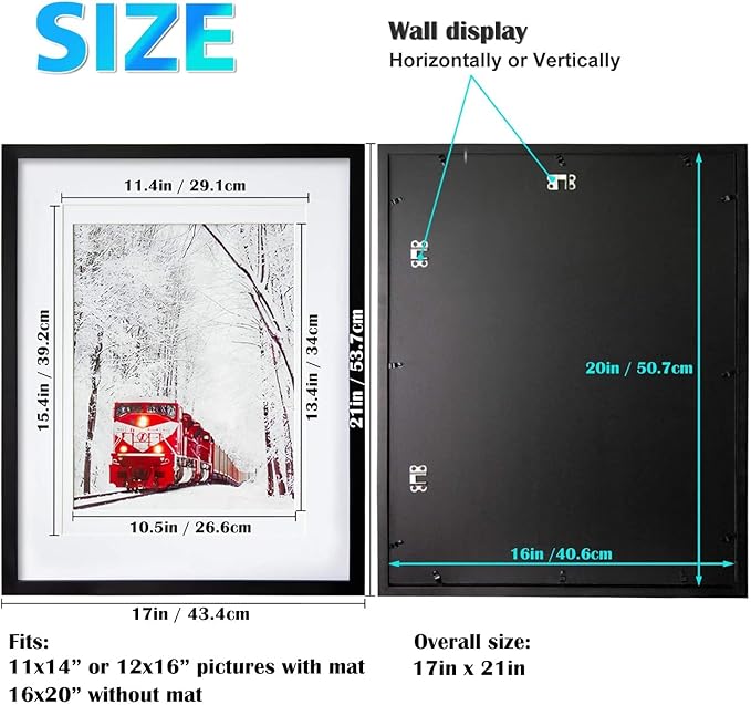 Egofine 16x20 Solid Wood Picture Frame, Made of Solid Wood Covered by Plexiglass 11x14/12x16 with Mat 16x20 without Mat, Poster Frame for Wall Mounting Photo Frame Vertically or Horizontally, Black