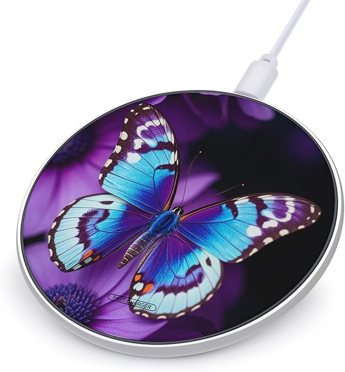 Blue Purple Butterfly Wireless Charger 10W Portable Fast Wireless Charging Pad Compatible with Phone Slim Charging Station Lightweight Charger Mat Charging Block for Travel Home Office